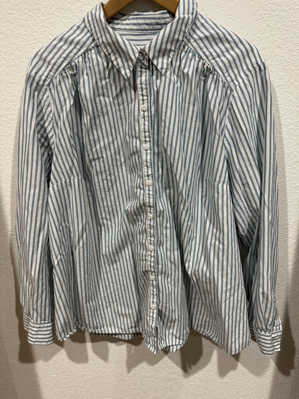 Women’s Maternity Blue and White Stripe Casual Button-Down Shirt